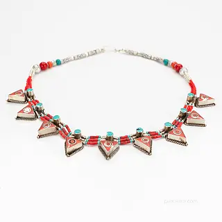 Nepalese necklace with triangular pendants of coral and turquoise