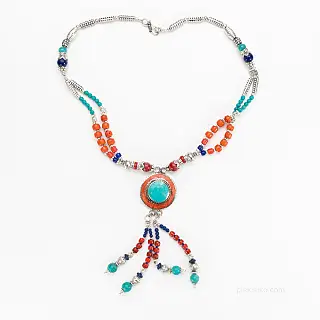 Light long Nepali vintage necklace with turquoise and coral