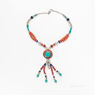 Colorful long Nepali vintage necklace with turquoise and coral