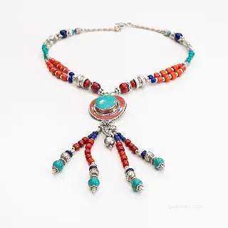 Colorful long Nepali vintage necklace with turquoise and coral