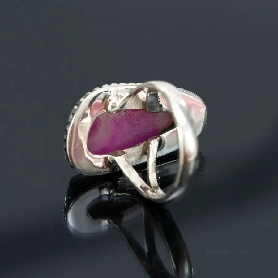 Silver ring with pink druse