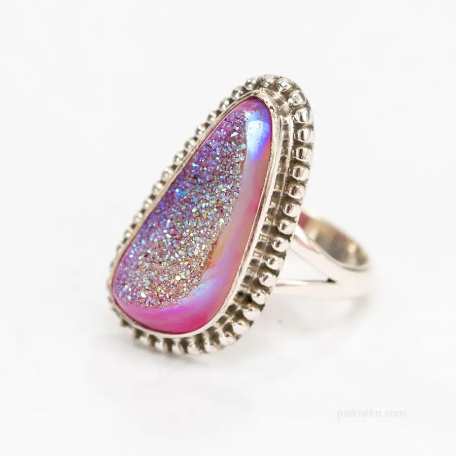 Silver ring with pink druse