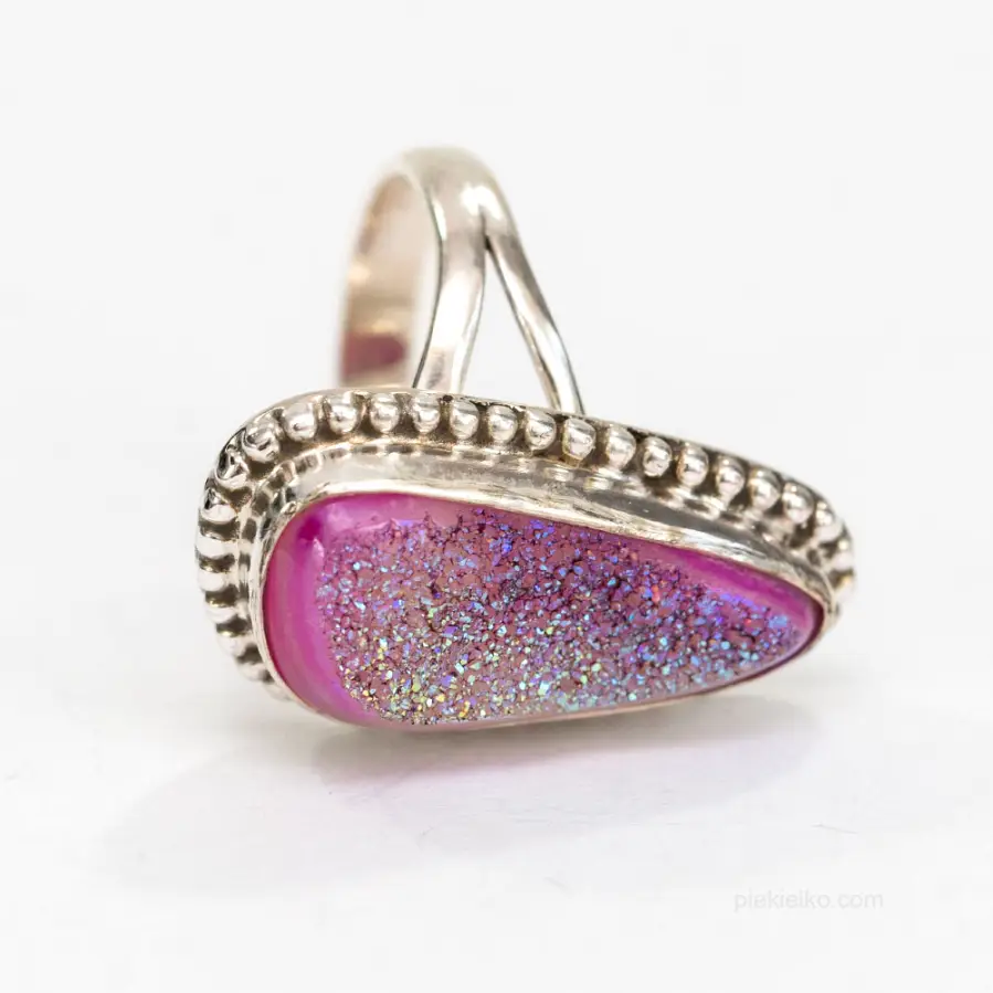 Silver ring with pink druse