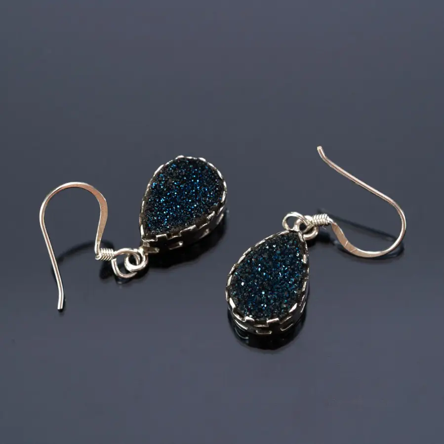 Silver earrings with blue titanium druse