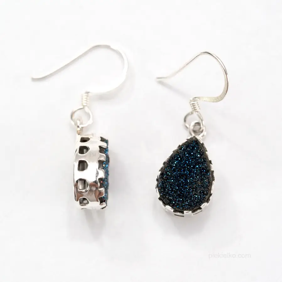 Silver earrings with blue titanium druse