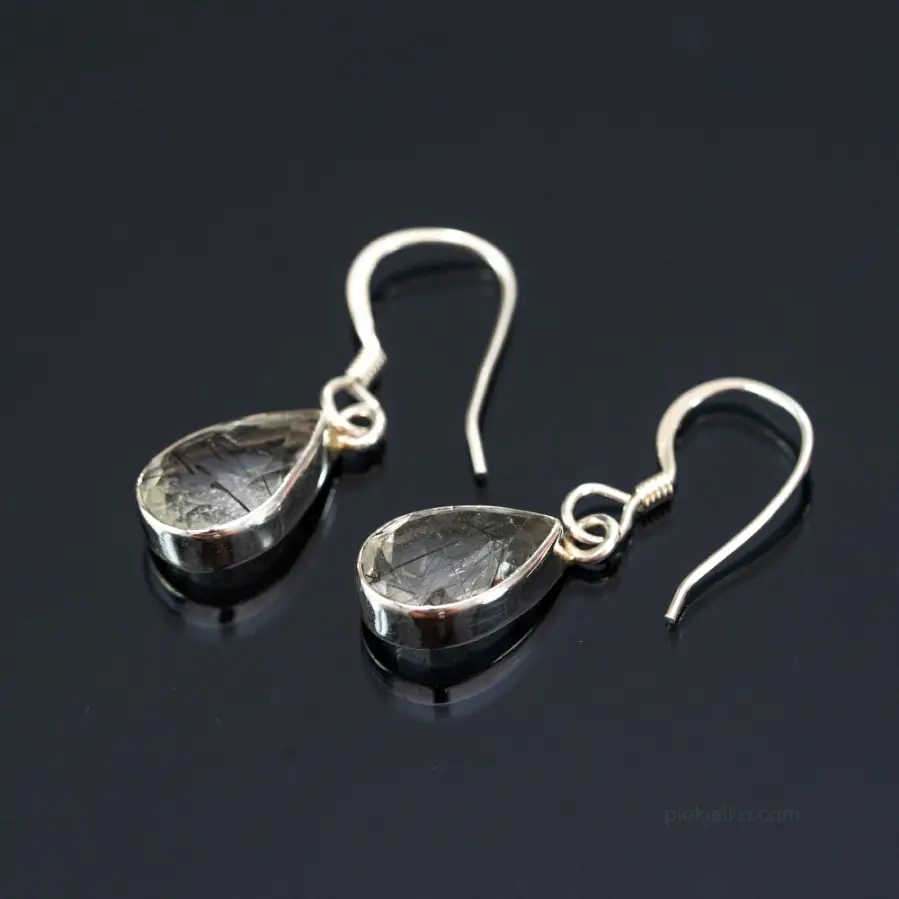 Small silver earrings with black rutile