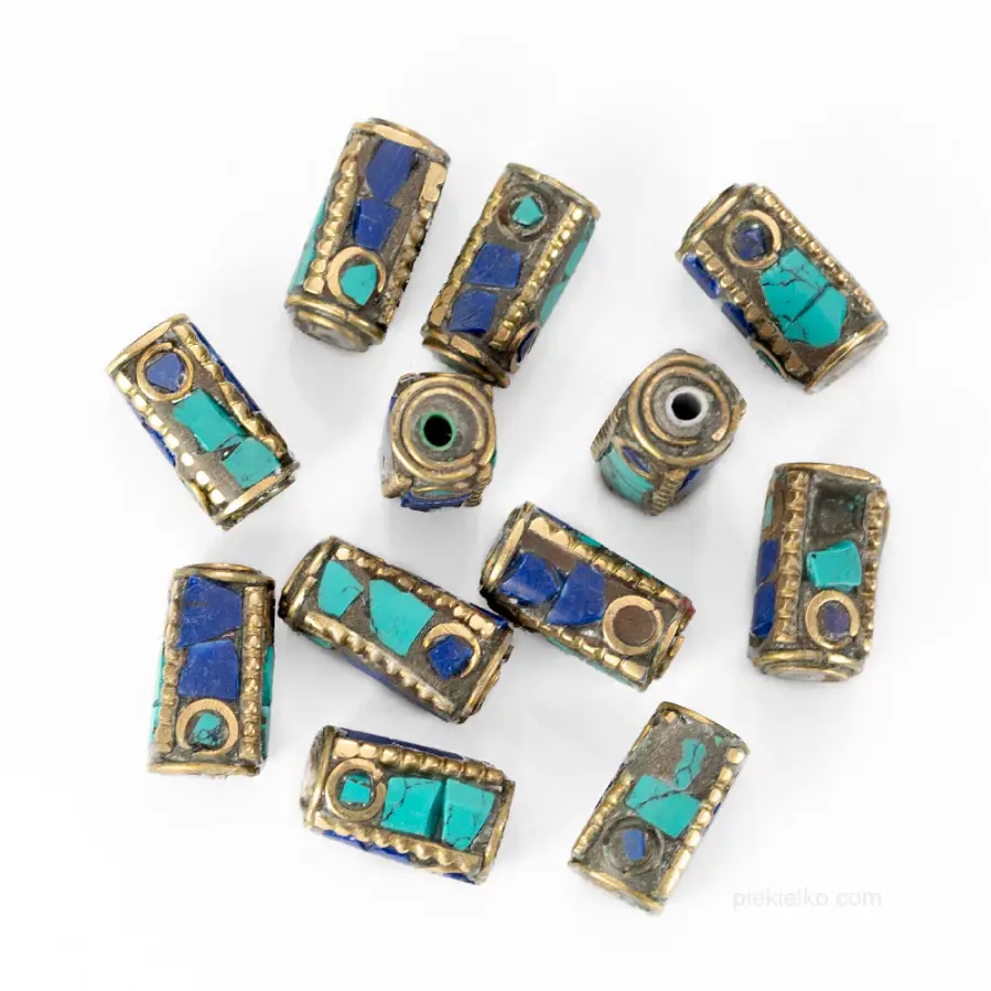 Turquoise and lapis in brass - Nepalese beads