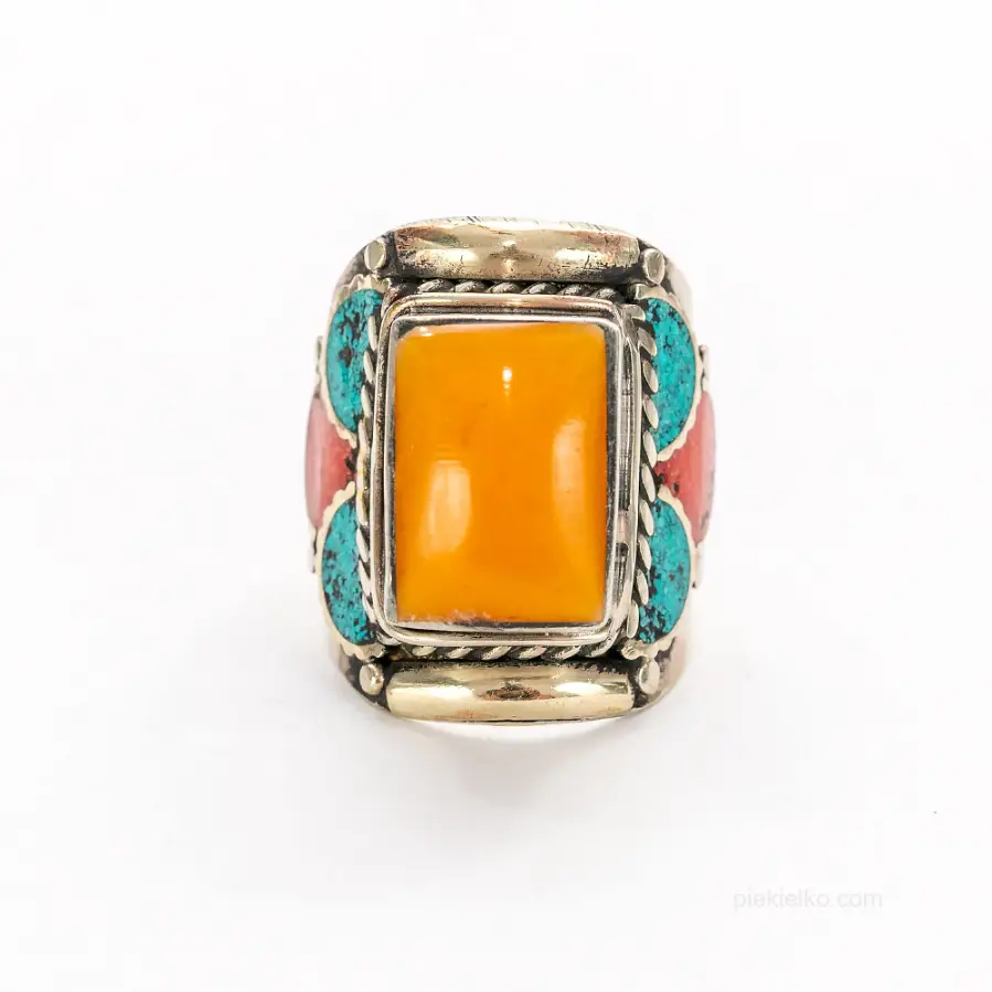 Nepalese signet ring with amber and colored stones