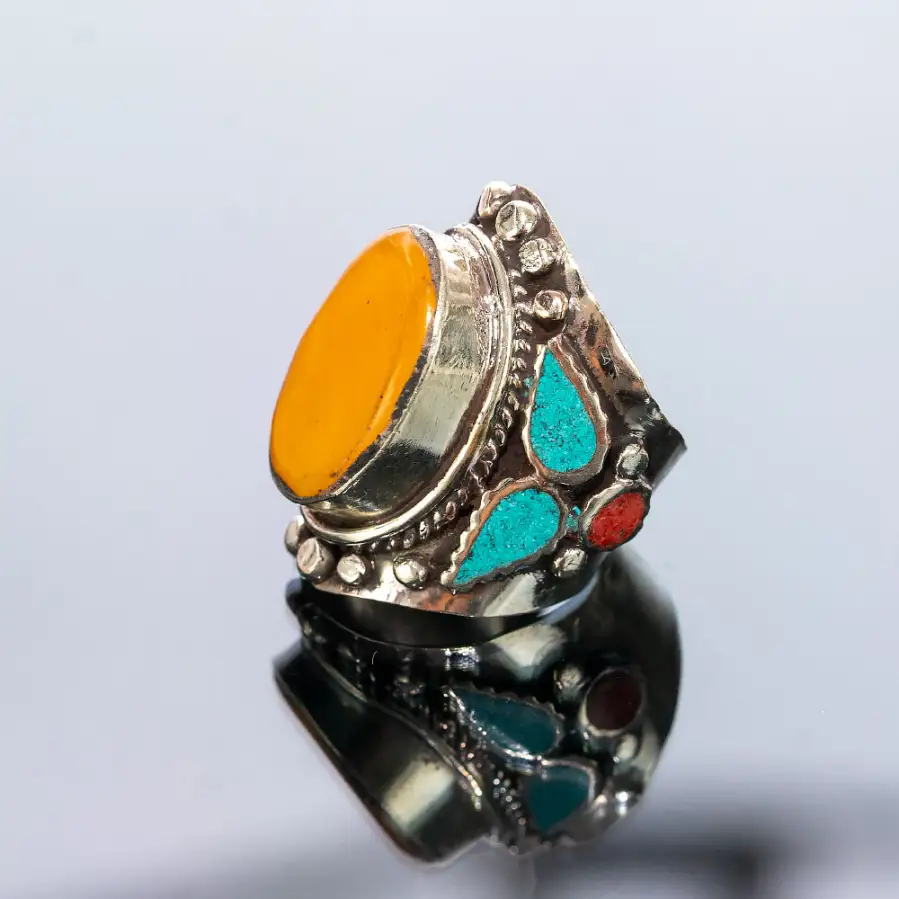 Colorful Nepalese signet ring with amber and stones