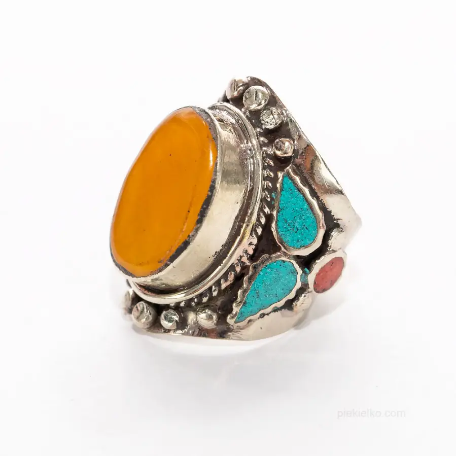 Colorful Nepalese signet ring with amber and stones