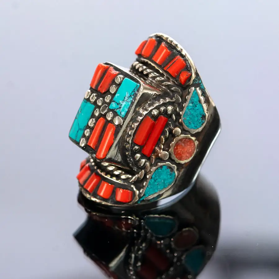 Tibetan signet ring with turquoise and coral