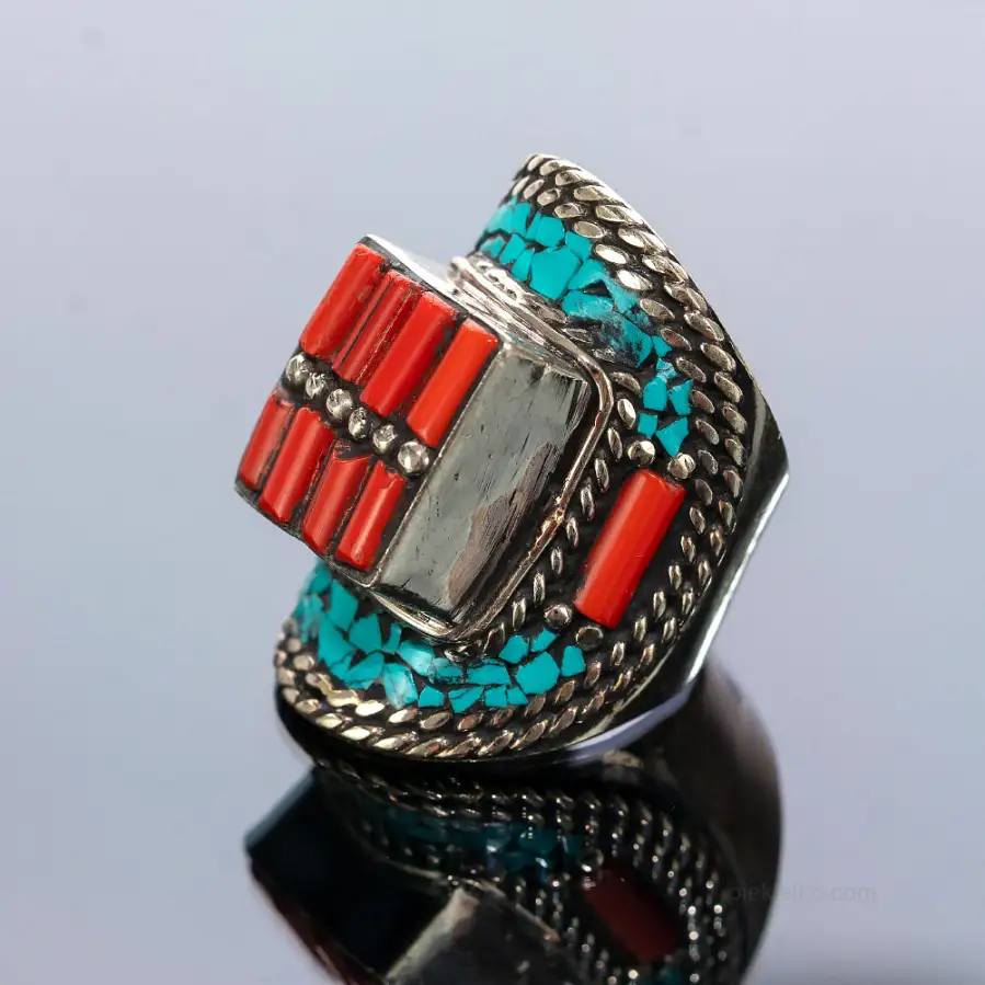 Tibetan signet ring with turquoise and coral