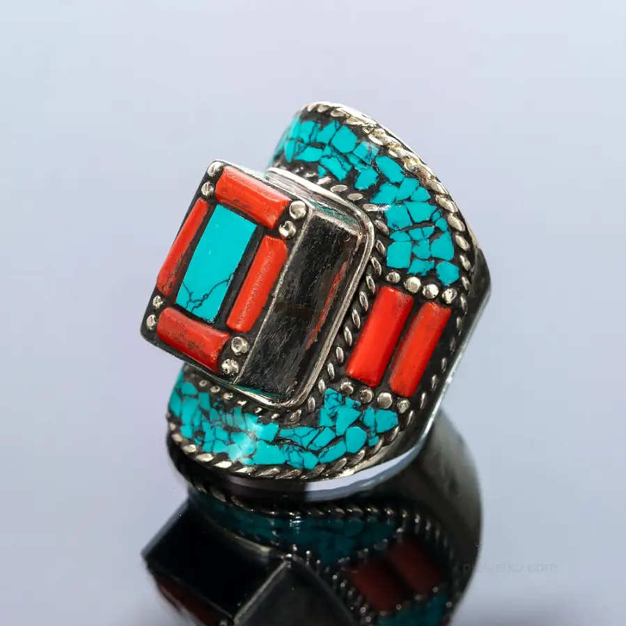 Nepalese ring with turquoise and coral