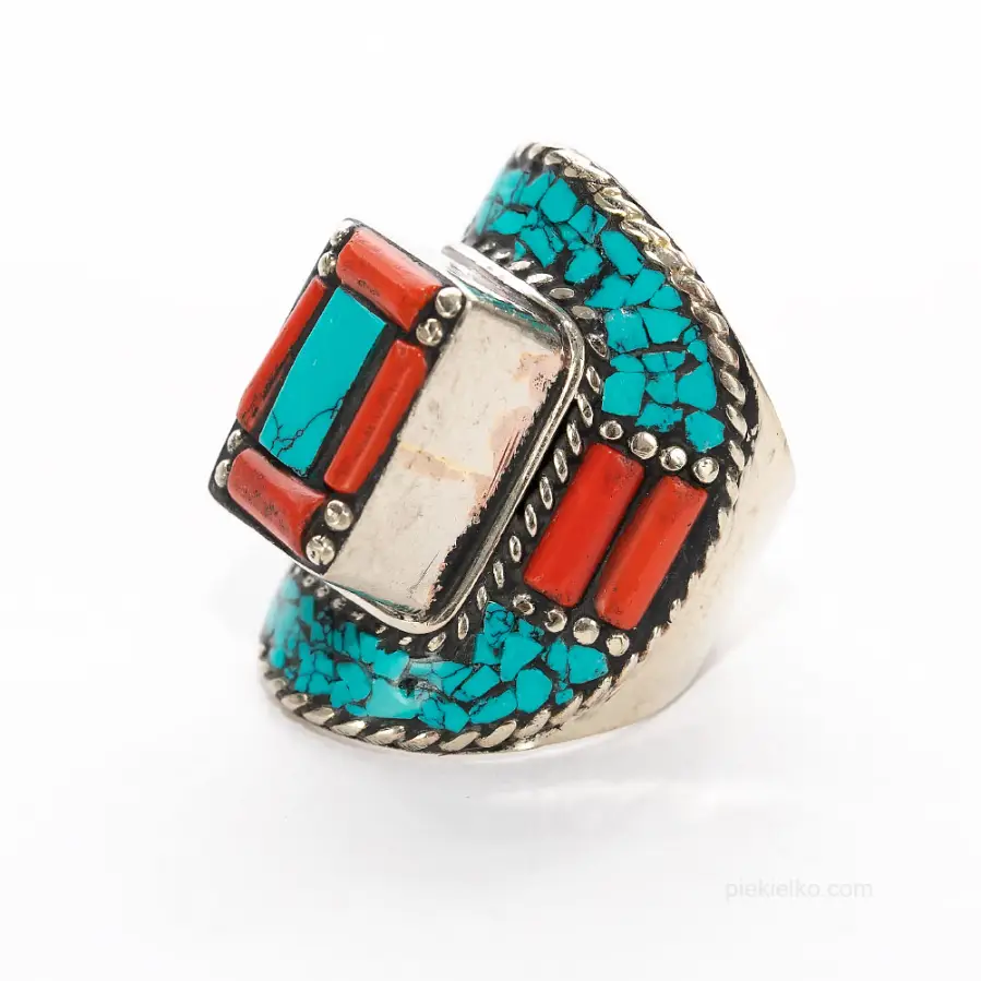 Nepalese ring with turquoise and coral