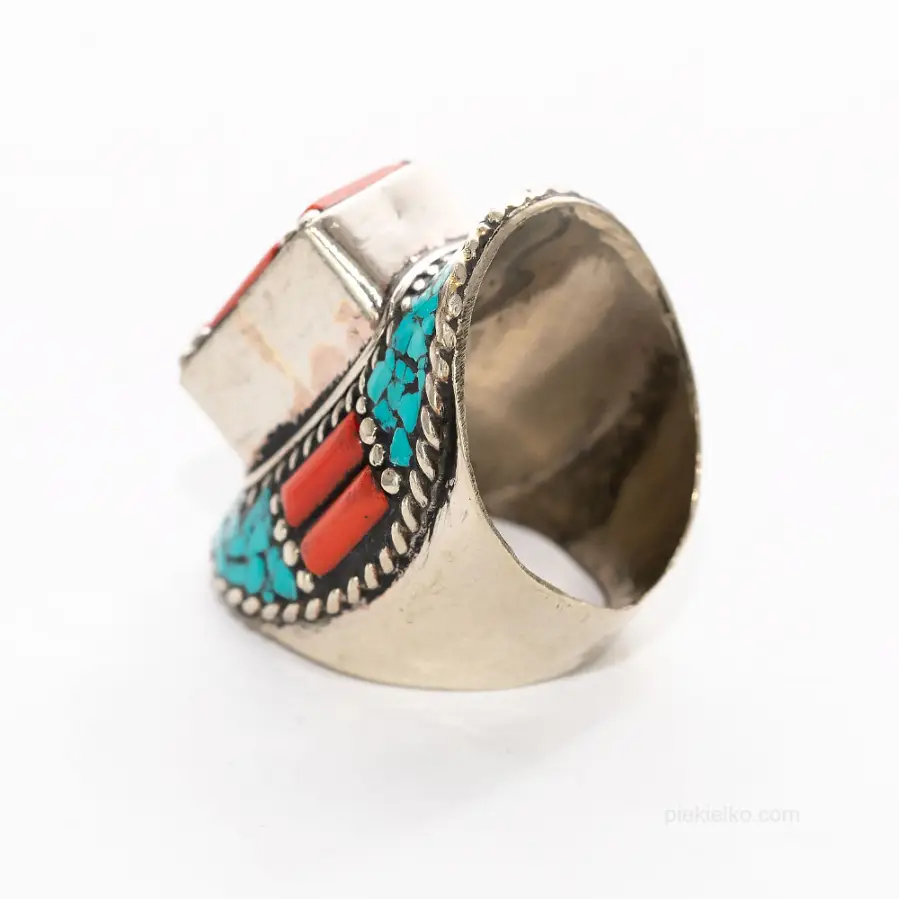Nepalese ring with turquoise and coral