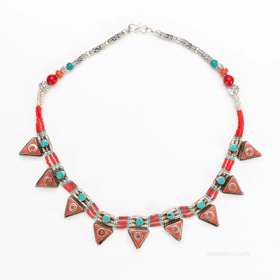 Nepalese necklace with triangular pendants of coral and turquoise