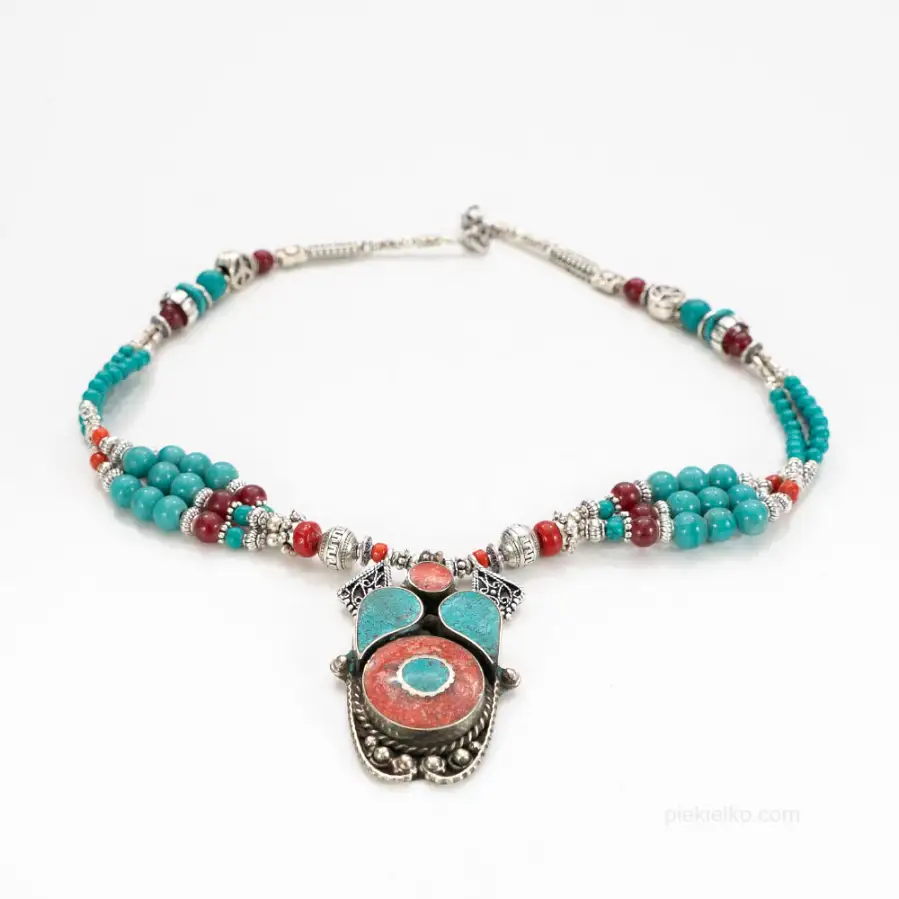 Long Nepalese classic necklace with turquoise and coral