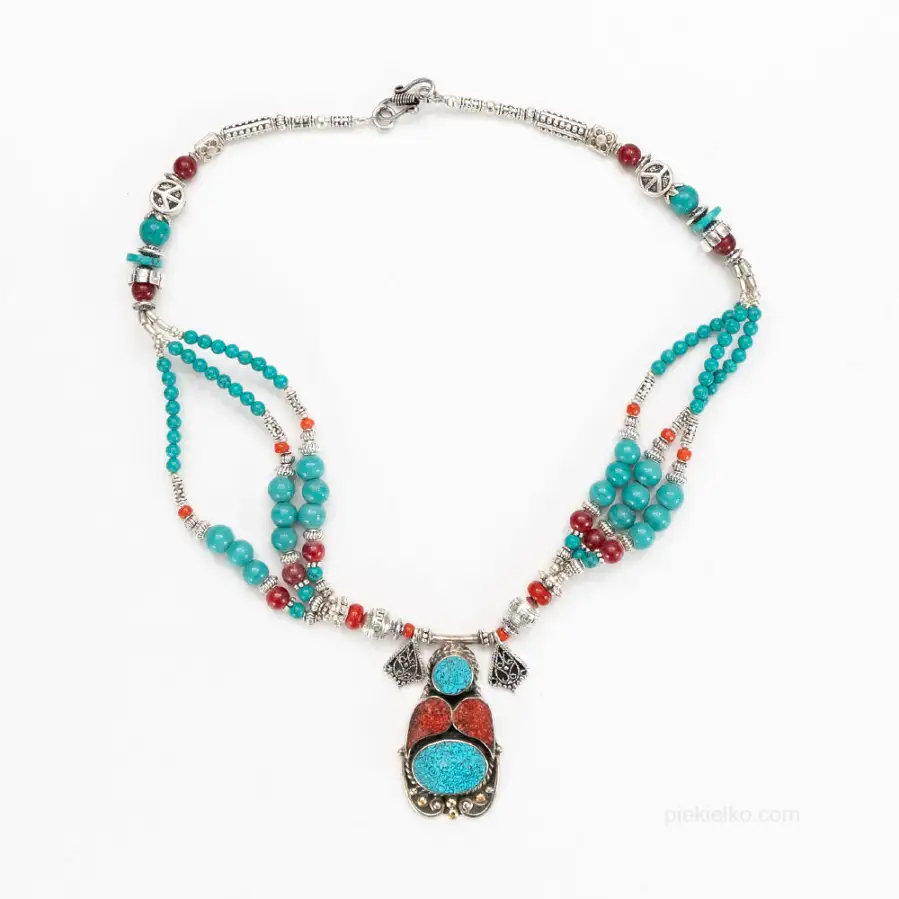 Long Nepalese classic necklace with turquoise and coral