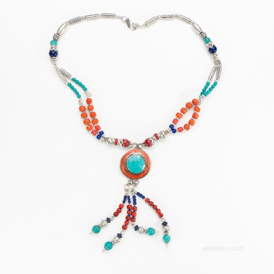 Light long Nepali vintage necklace with turquoise and coral