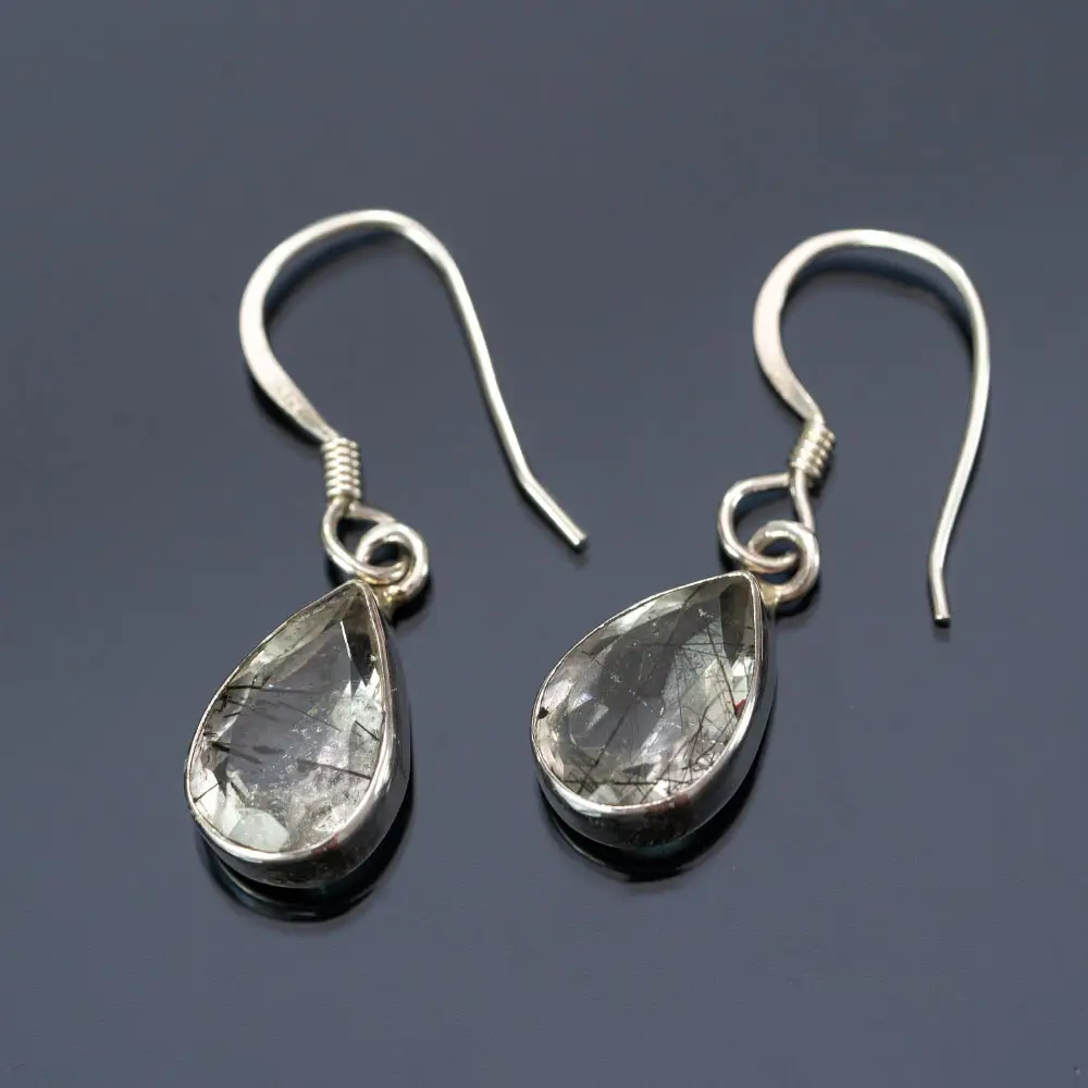 Small silver earrings with black rutile