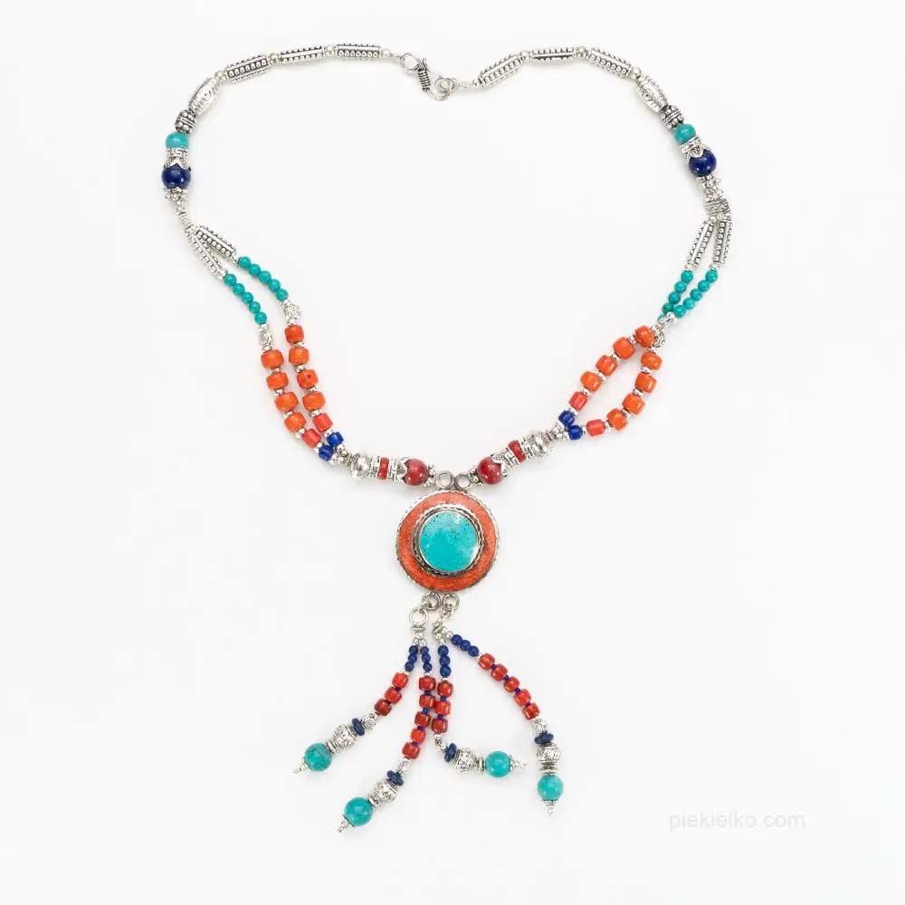 Light long Nepali vintage necklace with turquoise and coral
