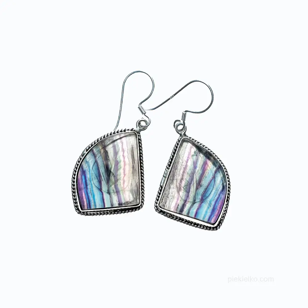 Silver earrings with fluorite carved in gray and purple shades