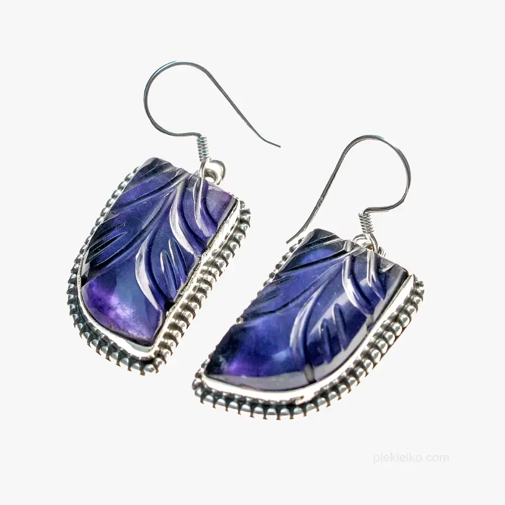 Silver earrings with dark fluorite with a carved texture