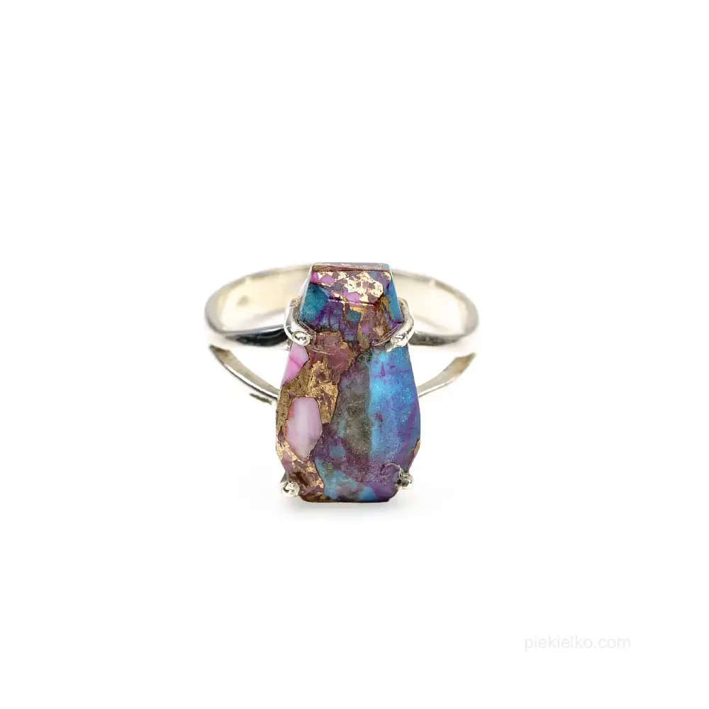 Silver ring with a colorful composite in the shape of a coffin