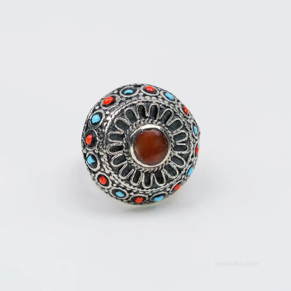 Pakistani Turquoise and Red Glass Mosaic Ring