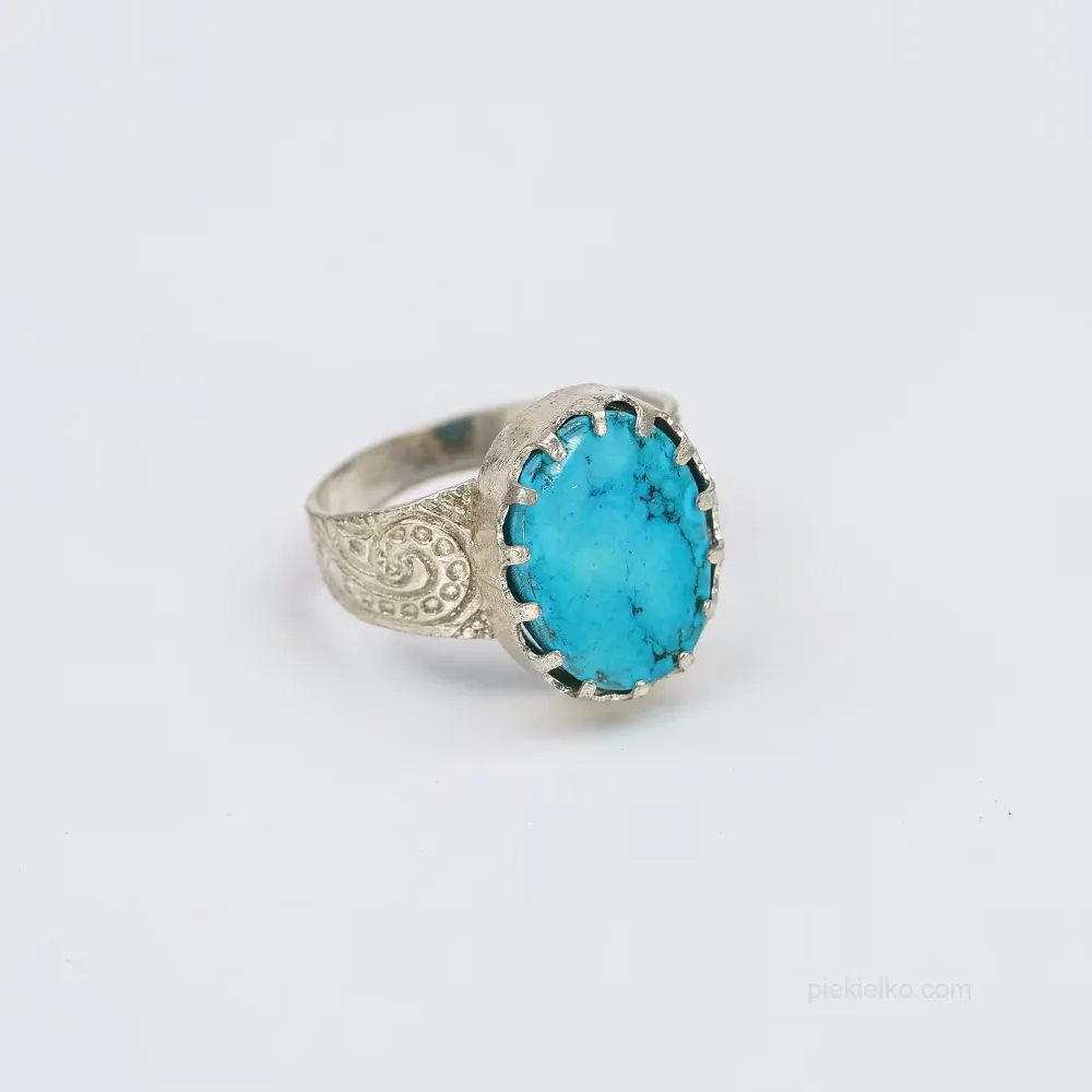 Blue Oasis &ndash; Turquoise in an Engraved Setting from Pakistan
