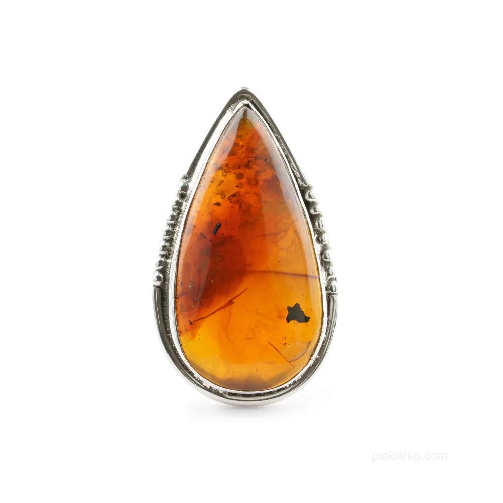 Sterling Silver Ring with Natural Baltic Amber &ndash; Drop Shape