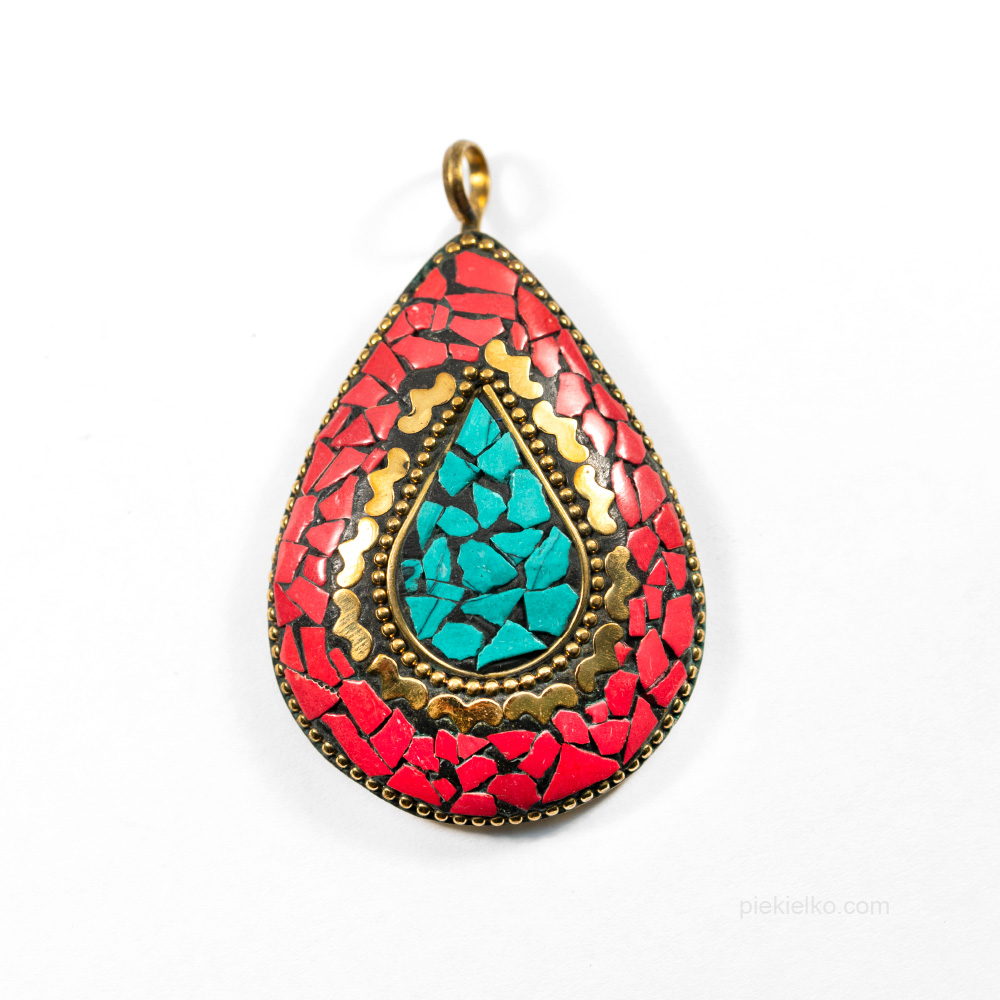 Amulet Mocy Zawieszka Nepalska z Turkusem i Koralem - piekielko.com
