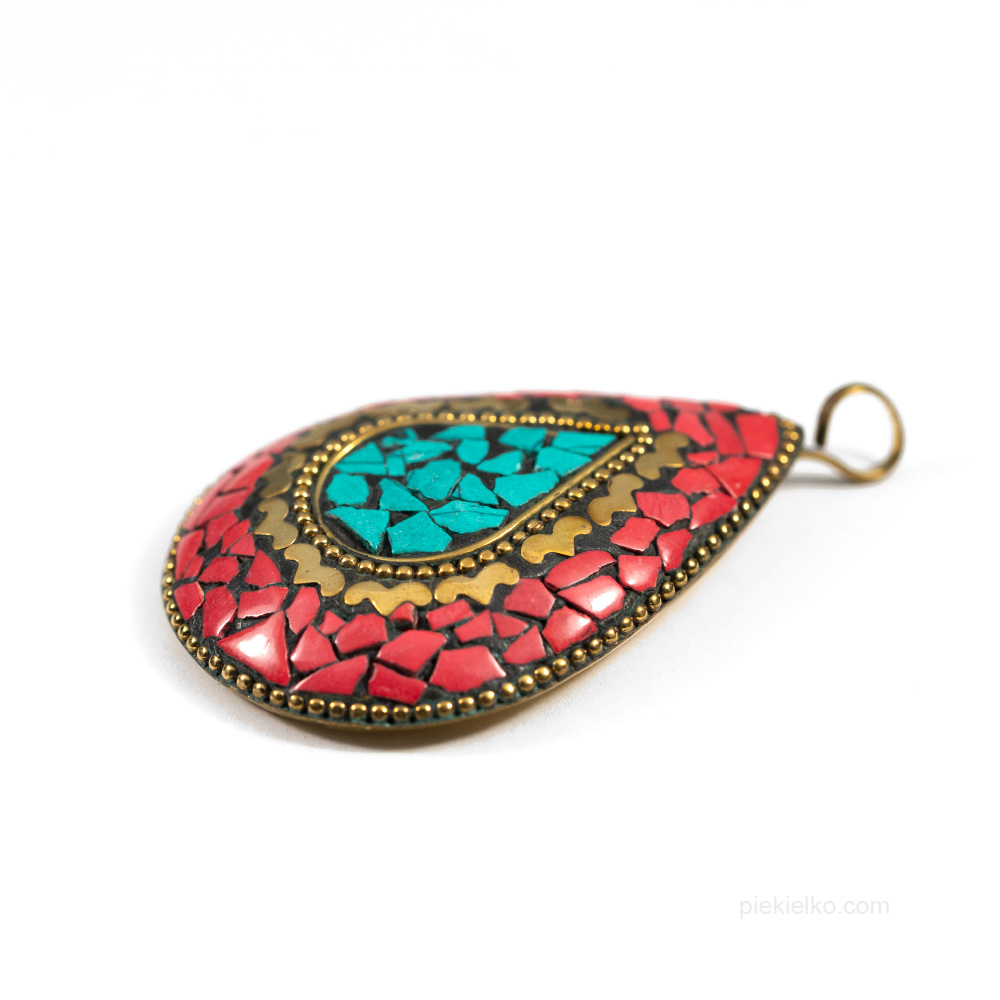 Amulet Mocy Zawieszka Nepalska z Turkusem i Koralem - piekielko.com