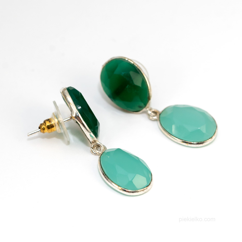 Silver-plated earrings with green stone and chalcedony - piekielko.com