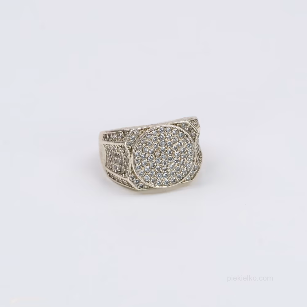 Round silver signet ring with crystal mosaic