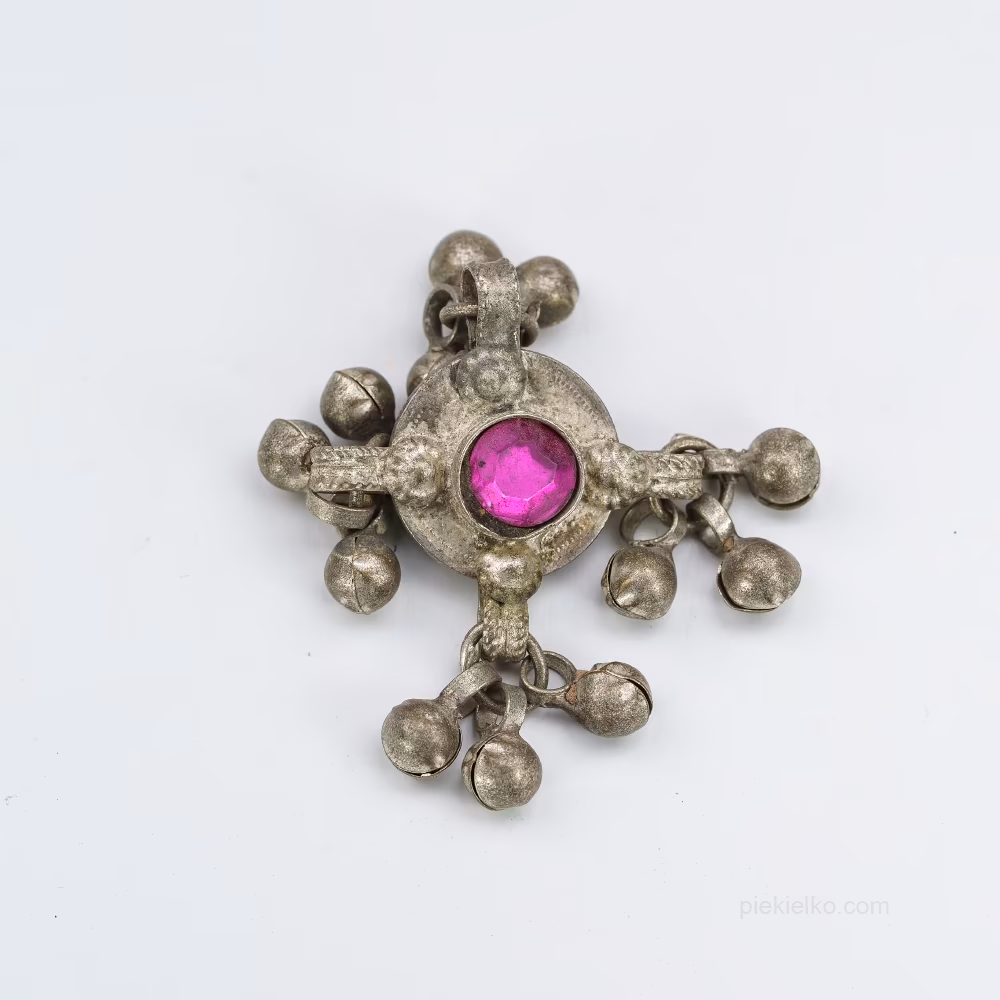 Afghan Button with Bells and Pink Glass